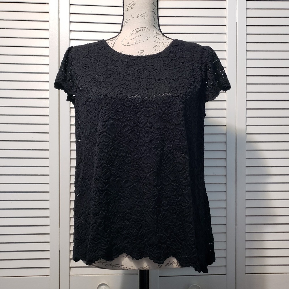 Philosophy Lace Top Women's‎ Size Medium Black Short Sleeve Blouse Lined